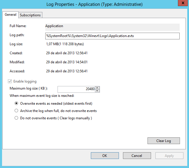 BizTalk Server 2013 R2 event viewer application properties