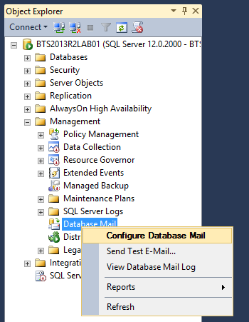 BizTalk Server 2013 R2 search SQL Server management studio 2014 object explorer configure database mail